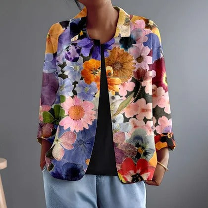 Blouse boutonnée à imprimé fleuri multicolore dense, col pointu, coupe ample