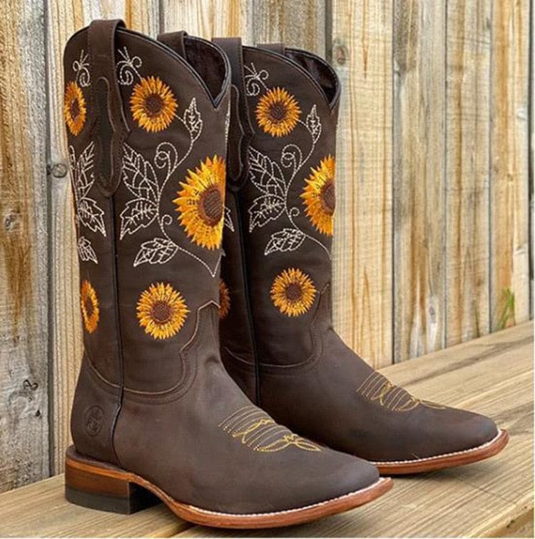 Bottes cowboy brodées tournesols femme