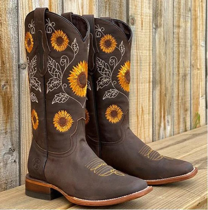 Bottes cowboy brodées tournesols femme