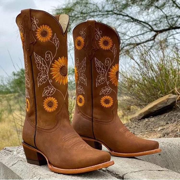 Bottes cowboy brodées tournesols femme