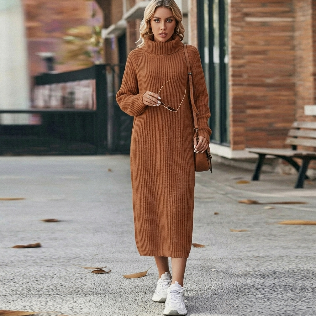 Robe pull côtelée col roulé femme